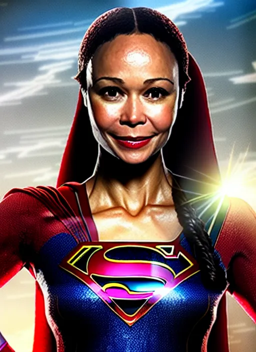 Image similar to thandiwe newton as supergirl, photorealistic, 8 k hd resolution