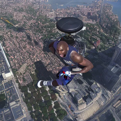 Image similar to Kobe Bryant jumping from a helicopter, hyper detailed, 8k resolution