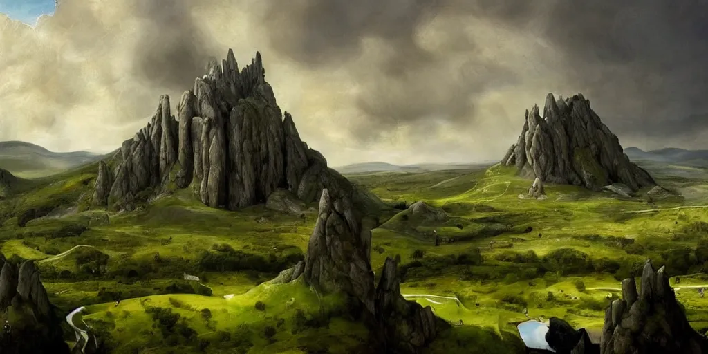 Image similar to very very Beautiful landscape of Aberdeenshire and Bennachie hill in the centre of the painting, physically accurate, dramatic dynamic lighting, intricate, elegant, highly detailed, digital painting, artstation, very hyperrealistic, Hieronymus Bosch, very very Tomas Sanchez, Renaissance, concept art, smooth, sharp focus, illustration, art by artgerm and greg rutkowski and alphonse mucha