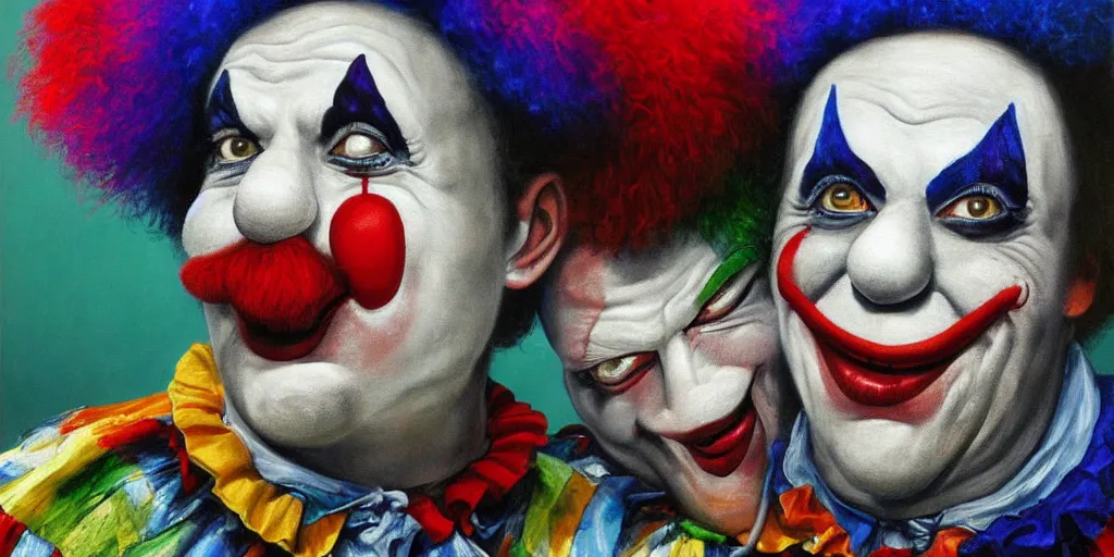 Prompt: a clown riding another clown high resolution amazing realistic painting