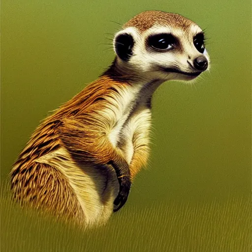 Prompt: goro fujita ilustration a meerkat in profile looking over the meadow, on a sunny day by goro fujita, painting by goro fujita, sharp focus, highly detailed, national geographic