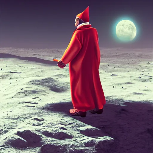 Prompt: a cardinal priest alone on the moon. artstation. digital art. high quality. painting. detailed clothes and background.