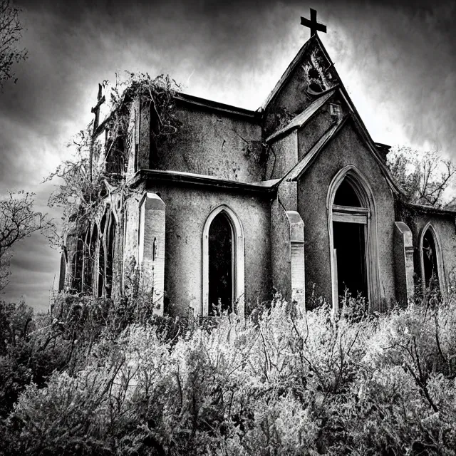 Image similar to infrared photograph of an abandoned church with overgrown vegetation, exterior, vintage photograph