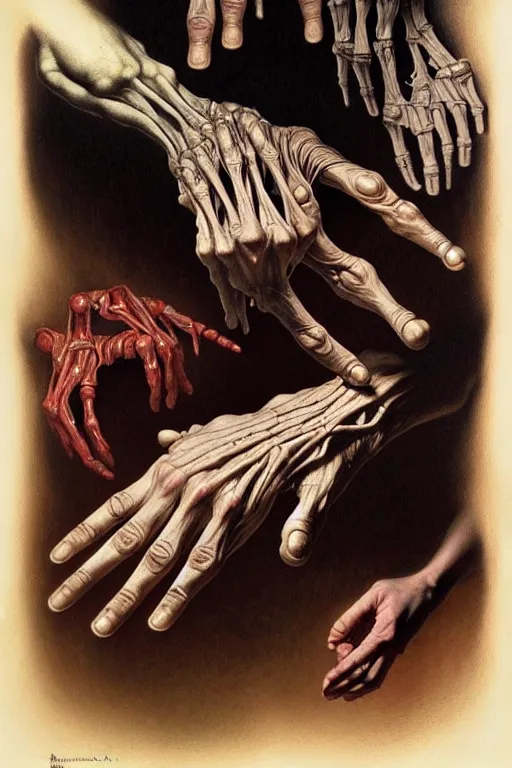 Image similar to human hand artists anatomy in the style of wayne barlowe, gustav moreau, goward, bussiere, roberto ferri, santiago caruso, luis ricardo falero, dali