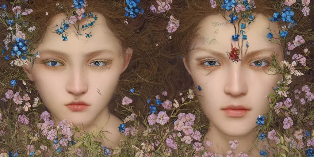 Prompt: breathtaking detailed concept weird art painting portrait of the goddess of nemophila flowers, orthodox saint, with anxious piercing eyes, ornate background, amalgamation of leaves and flowers, by hsiao - ron cheng, extremely moody lighting, 8 k