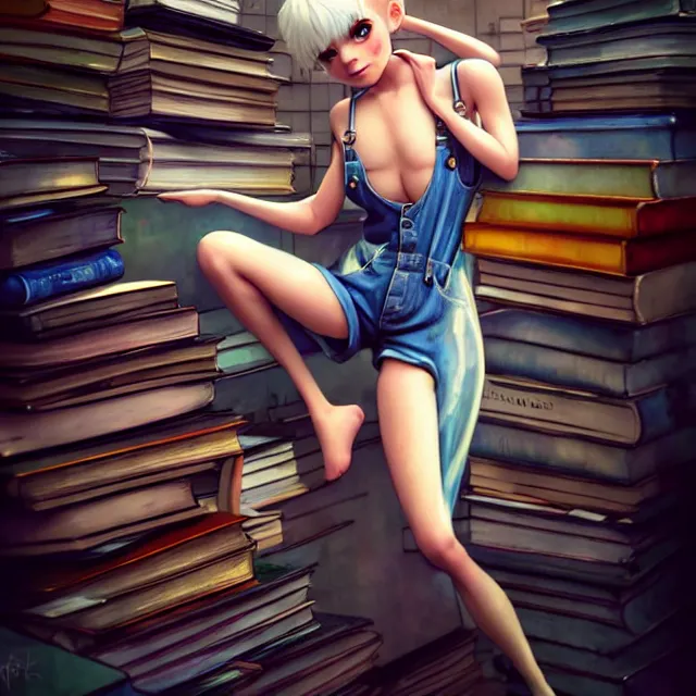 Image similar to full body pose, beautiful adult fairy, pixar, short white hair shaved sides, dirty, grungy, grunge, long sleeve, painted overalls, stacks of giant books, highly detailed, 4 k, hdr, smooth, sharp focus, high resolution, award - winning photo, artgerm, photorealistic