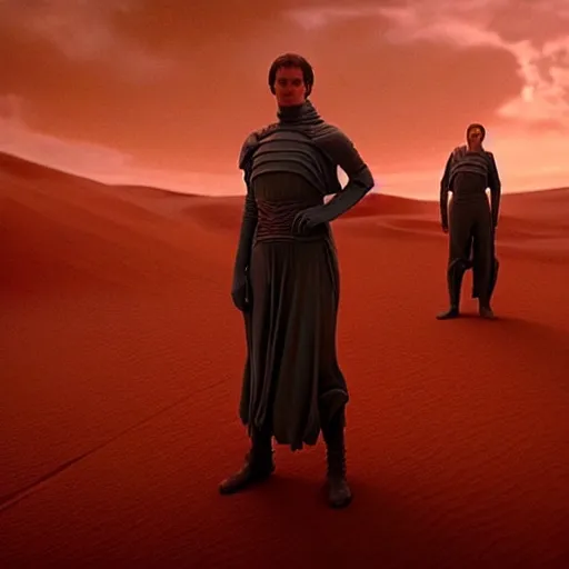 Image similar to colour aesthetic highly detailed photography scene from dune ( 2 0 2 1 ) by alejandro hodorovski and denis villeneuve and gregory crewdson style with ultra hyperrealistic very highly detailed faces. with many details by andrei tarkovsky and caravaggio in sci - fi style. volumetric natural light hyperrealism