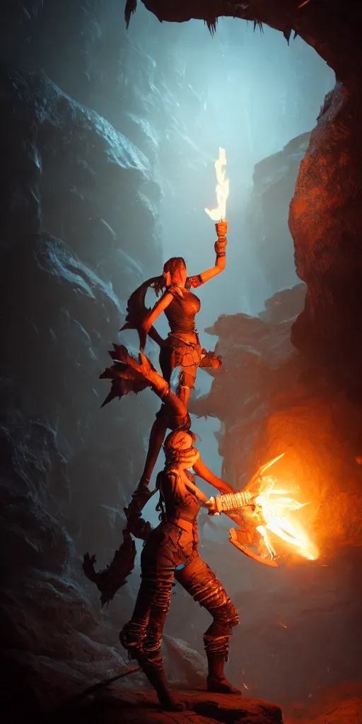 Image similar to a epic hero adventurer holding a torch in a dark cave, fantsy, concept art, artgerm, monster hunter world, 8 k realistic, radiant light, frostbite 3 engine, dof, cryengine, digital art, detailed background