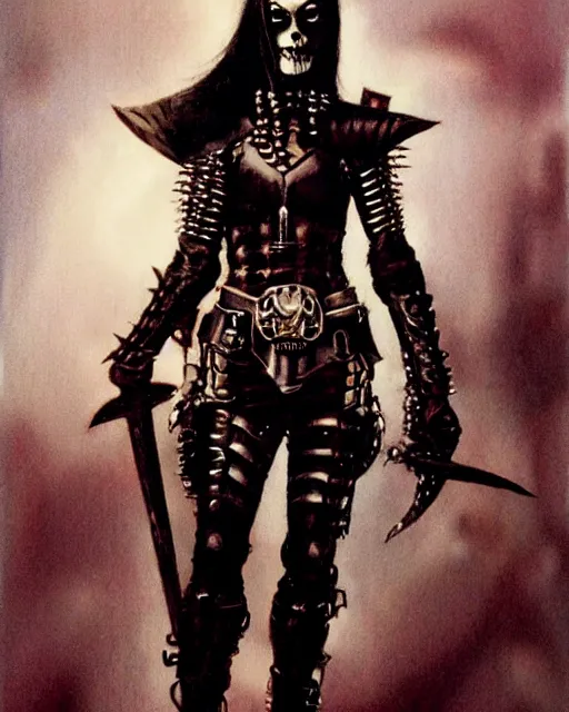 Prompt: portrait of a skinny punk goth warrior wearing armor by simon bisley, john blance, frank frazetta, fantasy, sorceror