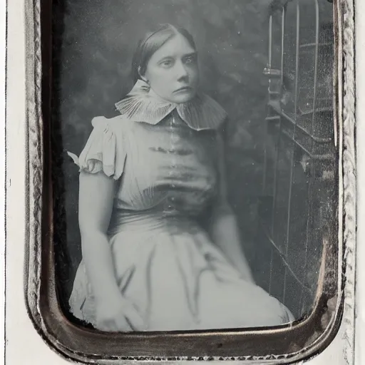 Image similar to tintype photo, female in a cage, underwater, jellyfish