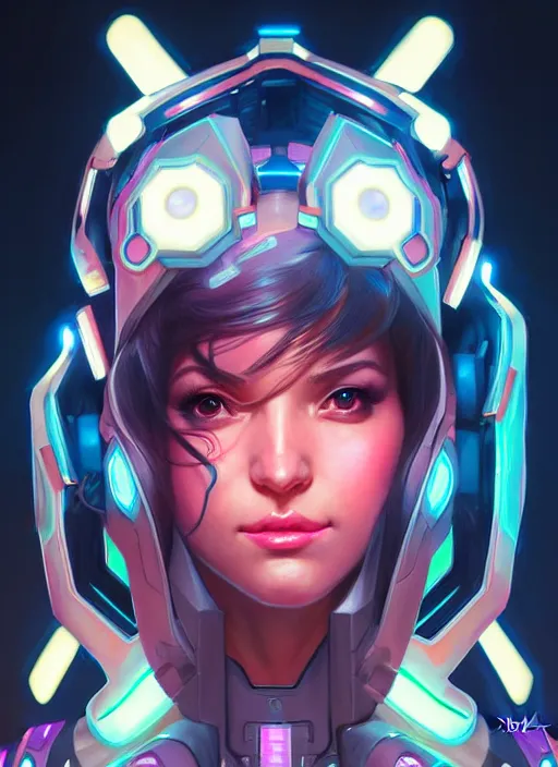 Image similar to symmetry portrait of dva from overwatch, sci - fi, tech wear, glowing lights intricate, elegant, highly detailed, digital painting, artstation, concept art, smooth, sharp focus, illustration, art by artgerm and greg rutkowski and alphonse mucha