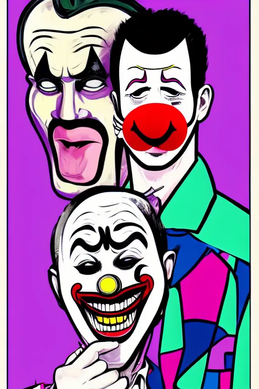 Image similar to detailed display twitter guy wearing an blouses with clown mask. pop art, gta vice city art style, face and body features, ultra realistic details, digital art, concept art, smooth art, sharp focus, illustration, intecrate details, elegant, confident posse, art by mark millar and richard hamilton and mimmo rottela