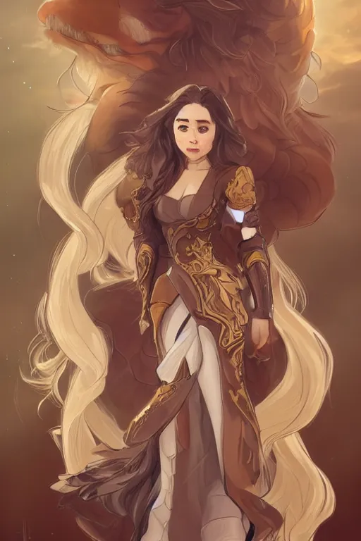 Image similar to Emilia Clarke wearing Yang Xiao Long original outfit from Rwby, cute, fantasy, intricate, elegant, highly detailed, digital painting, 4k, HDR, concept art, smooth, sharp focus, illustration, art by artgerm and alphonse mucha