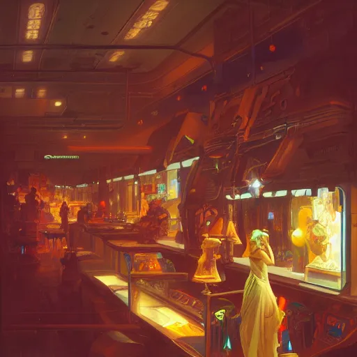 Image similar to inside a dimly lit futuristic toystore. highly detailed, digital painting, artstation, concept art, matte, sharp focus, illustration, art by artgerm and greg rutkowski and alphonse mucha