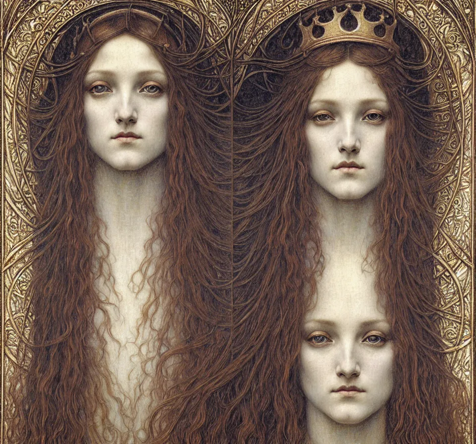 Image similar to detailed realistic beautiful young medieval queen face portrait by jean delville, gustave dore and marco mazzoni, art nouveau, symbolist, visionary, gothic, pre - raphaelite. horizontal symmetry