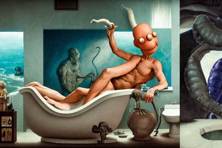 Prompt: hyperrealism aesthetic ridley scott and caravaggio and denis villeneuve style photography of a detailed giant squidward, siting on a detailed ultra huge toilet and scrolling his smartphone in surreal scene from detailed art house movie in style of alejandro jodorowsky and wes anderson