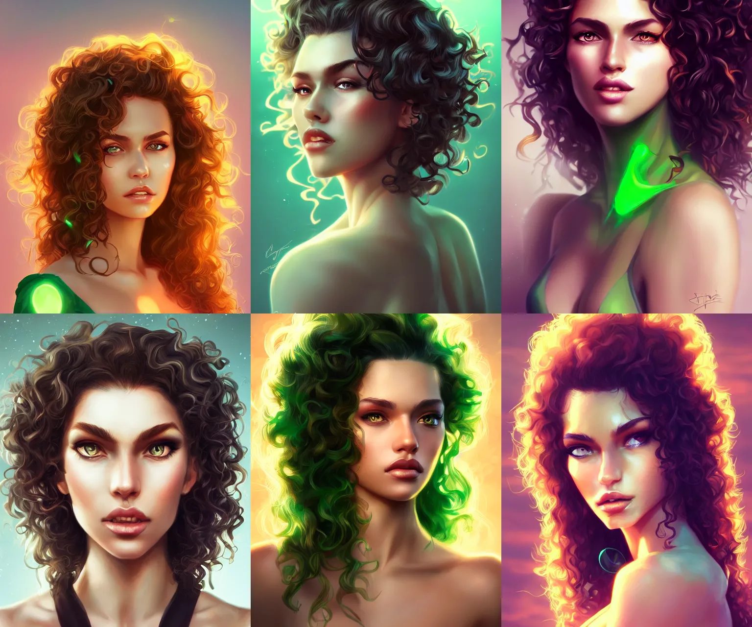 Prompt: portrait of a fierce woman with curly hair and green eyes, radiant light, summer glow, artgerm, bokeh, sharp features, artstation