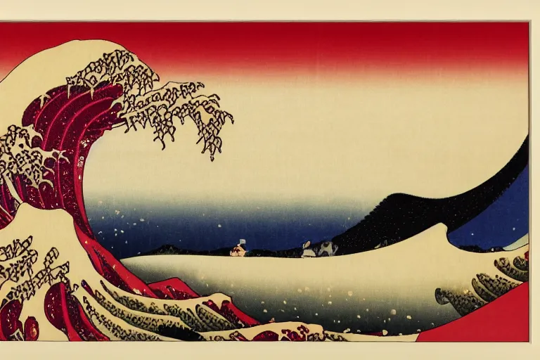 Image similar to ukiyo - e style, ghosts walking at night, clouds and mist, folding fan, wide angle, manzhu sand, hand - painted, granular sense, rich color, red tone, dry bones, beauty