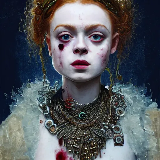 Image similar to sadie sink expressive oil painting, of helena bonham carter mixed with sophia lauren, bumpy mottled skin full of blood and scars, ornate headpiece made from crystals, cables and wires, body horror, by yoshitaka amano, by greg rutkowski, by jeremyg lipkinng, by artgerm, digital art, octane render