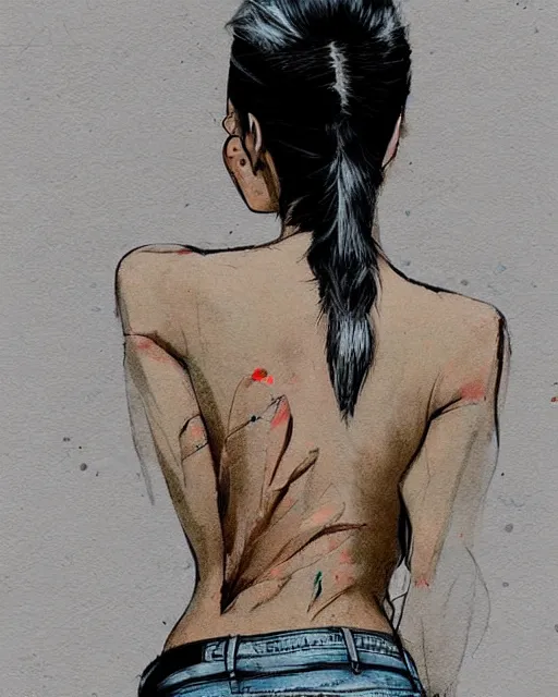 Image similar to a ultradetailed beautiful back painting of a stylish woman with white hair in a short pony tail, she is wearing jeans, by conrad roset, greg rutkowski and makoto shinkai trending on artstation