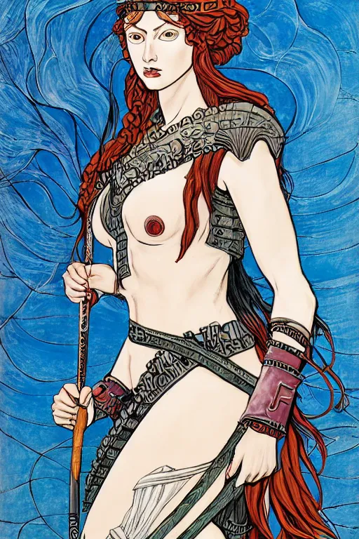 Prompt: boudica the barbarian queen, in a mixed style of Botticelli and Æon Flux, inspired by pre-raphaelite paintings and shoujo manga, a battlefield in the background, hyper detailed, stunning inking lines, stunning gradient colors, 4K photorealistic