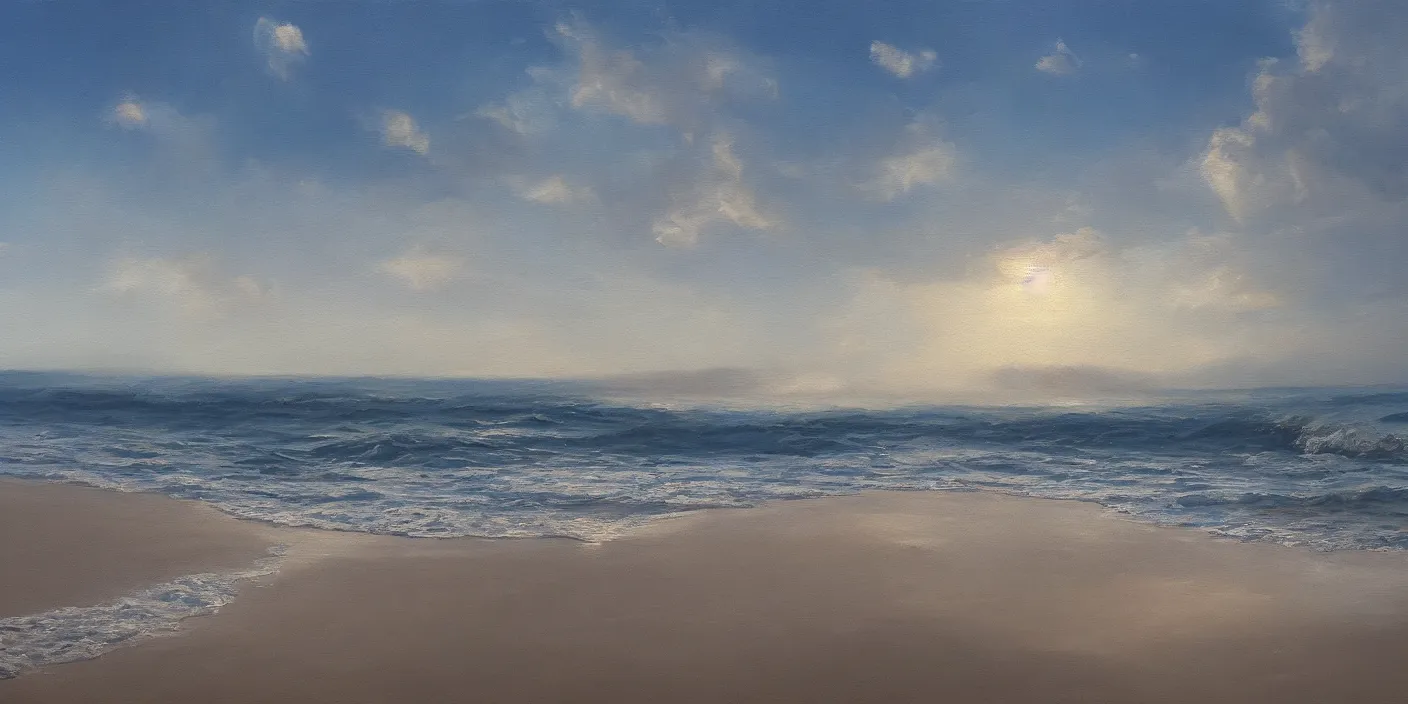 Prompt: a beach, cinematic lighting, detailed oil painting, hyperrealistic, 8k