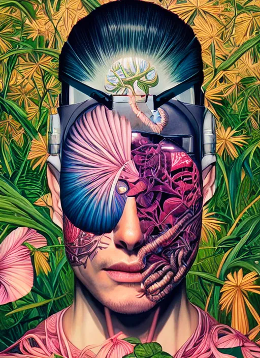 Prompt: gigantic cyborg head, a lot of exotic vegetation, trees, flowers by junji ito, tristan eaton, victo ngai, artgerm, rhads, ross draws, hyperrealism, intricate detailed