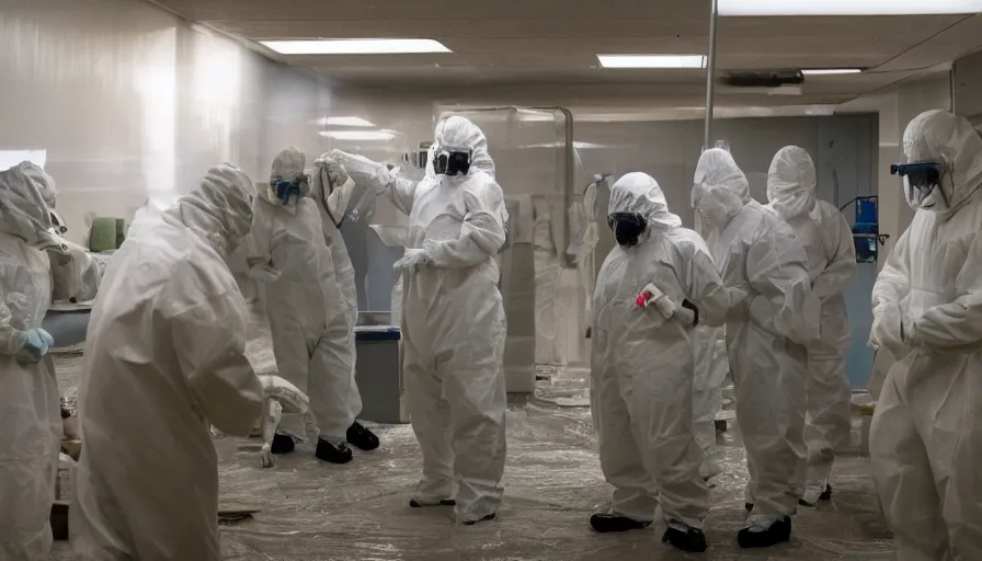 Prompt: Big budget color horror movie set inside a bioweapons lab, where a deadly virus is being created