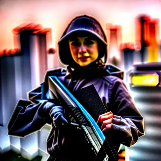 Image similar to photographic portrait of a techwear woman holding a shotgun, closeup, on the rooftop of a futuristic city at night, sigma 85mm f/1.4, 4k, depth of field, high resolution, 4k, 8k, hd, full color, Die Hard, movies with guns, movie firearms