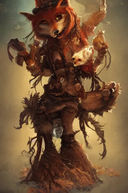 Image similar to cute little anthropomorphic foxy witch wearing a cape and a dreadlocks, tiny, small, miniature fox, baby animal, short, pale woodcut armor, cute and adorable, pretty, beautiful, DnD character art portrait, matte fantasy painting, DeviantArt Artstation, by Jason Felix by Steve Argyle by Tyler Jacobson by Peter Mohrbacher, cinematic lighting