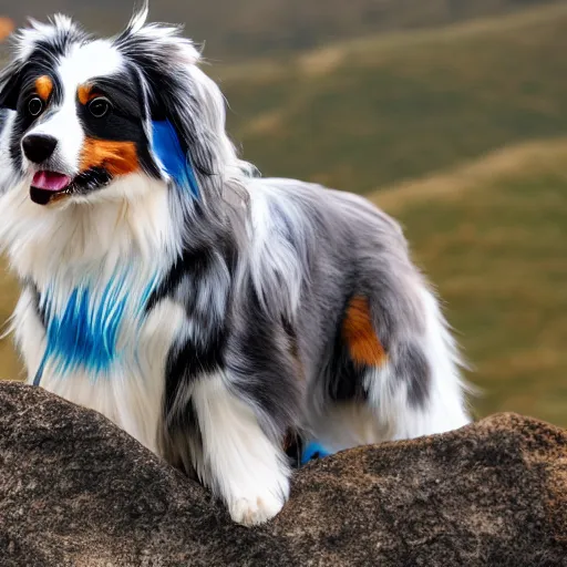 Image similar to blue Merle Australian shepard on top of a mountain