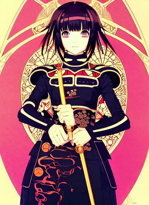 Image similar to ilya kuvshinov anime knight girl in ornate armor, last exile, murata range, fine detail, perfect anime face, dramatic lighting, dynamic composition, gustav klimt, art deco, cel shading, vivid, rich texture, ( ( ( yoshinari yoh ) ) ), alphonse mucha, ( ( ( colorful ) ) ),