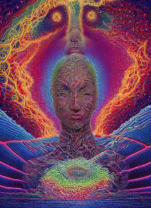 Prompt: seeing ultra dimensional entity for the first time, while accidentally tripping on dmt, energy waves, psychedelic experience, overwhelming psychosis of self realization and burning awakening, masterpiece composition, by barclay shaw, casey weldon