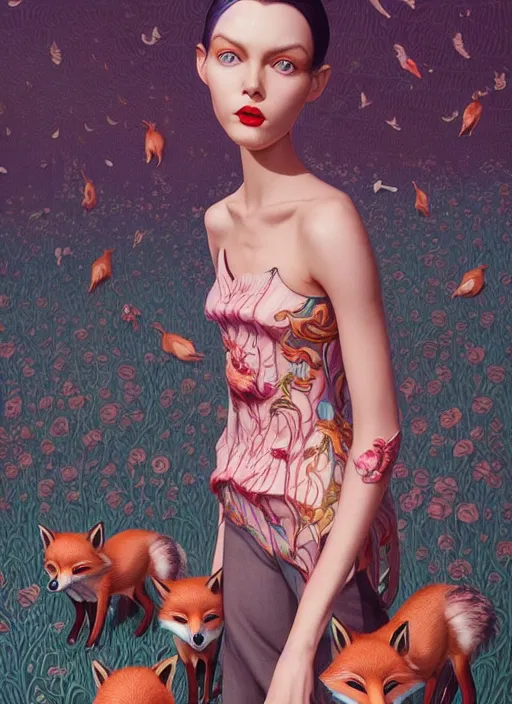 Image similar to pretty model with foxes : : by martine johanna and simon stalenhag and chie yoshii and casey weldon and wlop : : ornate, dynamic, particulate, rich colors, intricate, elegant, highly detailed, vogue, harper's bazaar art, fashion magazine, smooth, sharp focus, 8 k, octane render,