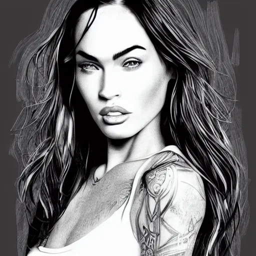 Image similar to “Megan Fox, portrait!!! Portrait based on doodles, scribbled lines, sketch by Liz Y Ahmet, monochrome, concept Art, million lines, white background, ultra detailed portrait, 4k resolution”