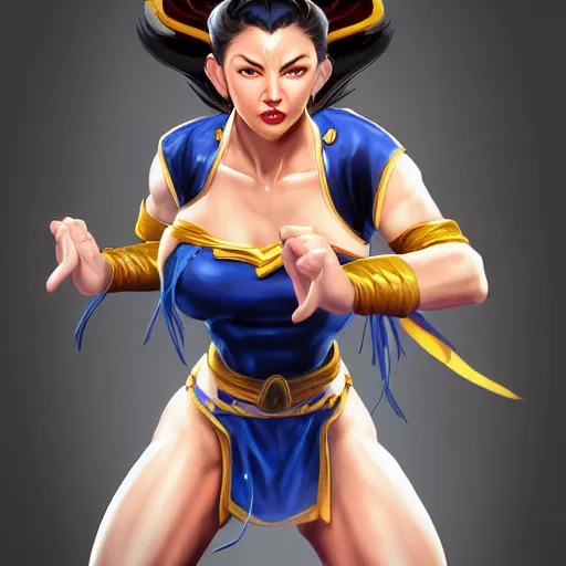 Image similar to Chun-Li in a fight pose, portrait, fantasy, medieval, beautiful face, vivid colors, elegant, concept art, sharp focus, digital art, Hyper-realistic, 4K, Unreal Engine, Highly Detailed, HD, Dramatic Lighting by Brom, trending on Artstation