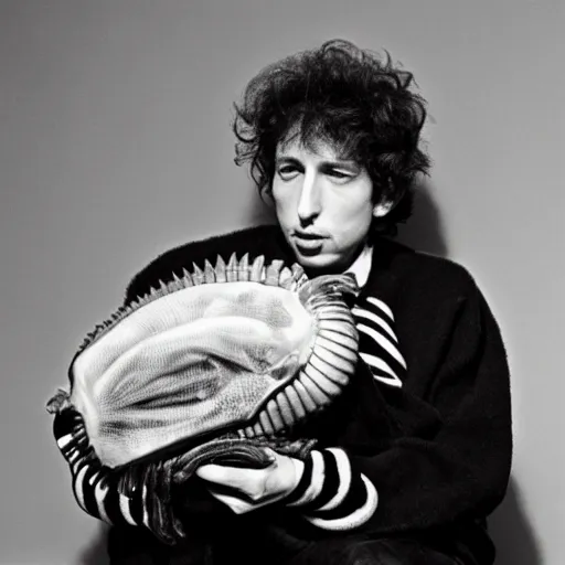 Prompt: bob dylan cradling a giant isopod like a baby, photograph, 1 9 6 5