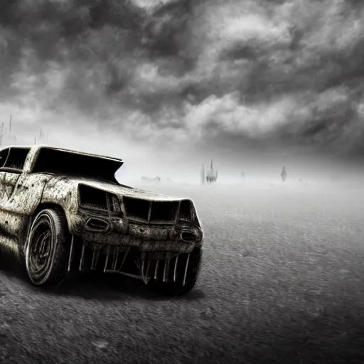 Prompt: ultra realist 3d soft paint of a gothic four wheel vehicle fully armored, MadMax, action sequence, symmetry accurate features, very intricate details, ominous sky, black and white, volumetric light clouds, post apocalyptic background