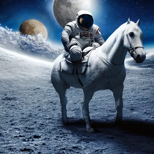 Image similar to an astronaut riding a horse uhd 8 k, artstation, hd, hdr, shuttershock, dramatic lighting, beautiful landscape, moon in the background, incredibly detailed