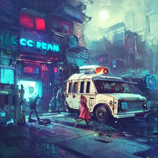 Prompt: a cyberpunk ice cream truck, highly detailed epic, CG render digital painting artwork by Greg Rutkowski, John Berkey, Alexander Jansson, Kuvshinov, WLOP, Artgerm, trending on ArtStation, intricate artwork by Tooth Wu, Wlop and Beeple. octane render, trending on artstation, greg rutkowski very coherent symmetrical artwork, bokeh, cinematic, hyper realism, high detail, octane render, vervia, 8k