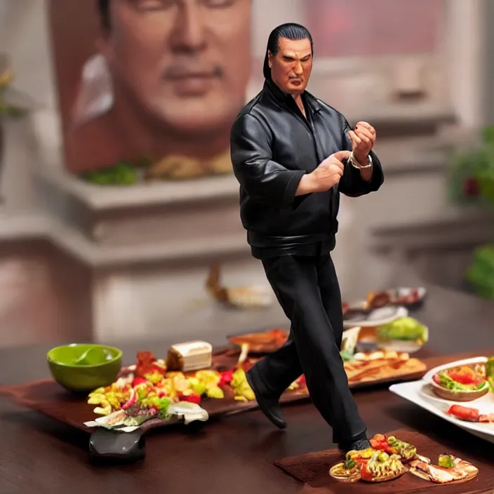 Prompt: detailed figure of steven seagal from asian connection flipping over a table of food, first 4 figures, diorama, detailed product photo