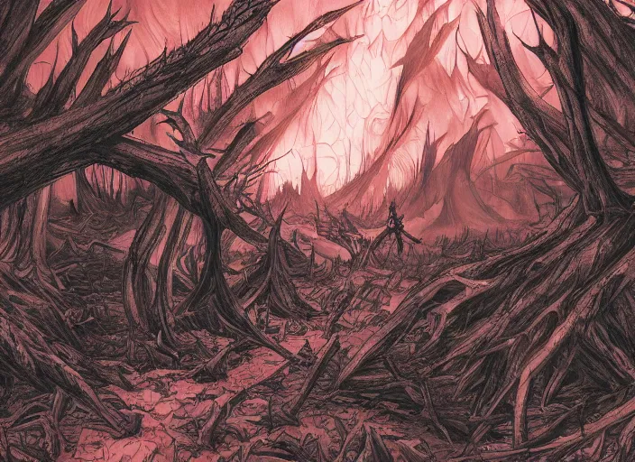 Image similar to a landscape of a forest at hell by takeshi obata and mike mignola, hell, dragons, red and black colors, colors, abandoned buildings, forest with trees with faces, small demons, shadows screaming, night sky, highly detailed, cgsociety, artstation, pencil and ink, very detailed