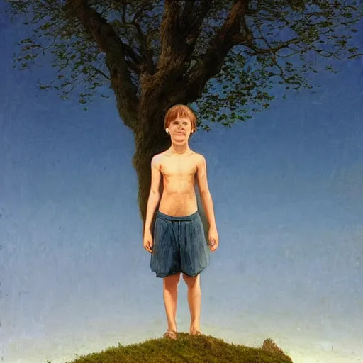 Image similar to A boy standing next to a tree looking at the blue sky with a beautiful river in front of him, Graceful body structure,cute,Symmetrical face,highly detailed,elegant,Marc Simonetti and Caspar David Friedrich, Trending on artstation