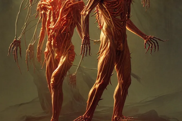 Image similar to creature made out of a humanoid nervous system with large meaty spikes all over the body, cinematic, volumetric lighting, f 8 aperture, cinematic eastman 5 3 8 4 film, photorealistic by greg rutkowski, by stanley artgerm, by alphonse mucha