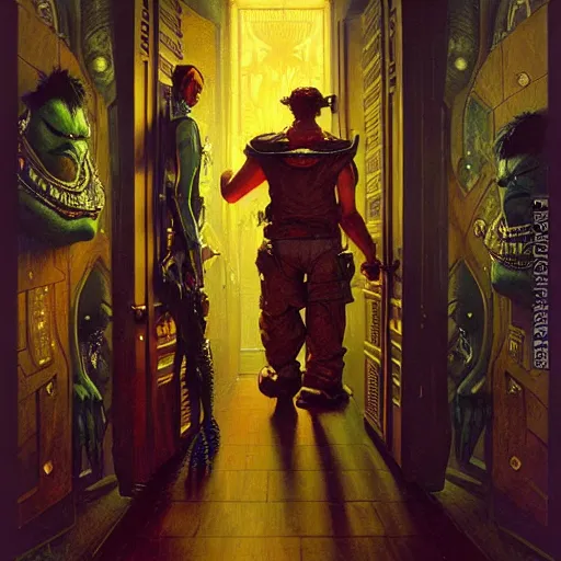 Image similar to portrait of sulley from monsters inc in front of room door. shadowrun cyberpunk fantasy d & d painting by gaston bussiere craig mullins jc leyendecker gustav klimt artgerm greg rutkowski john berkey, bergey, craig mullins, ruan jia, raymond swanland, tom lovell