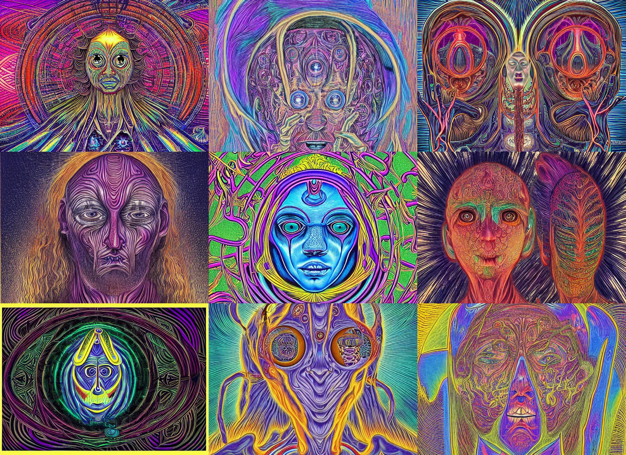 Image similar to A metaphysical highly detailed tulpa/servitor in the style of Alex Grey