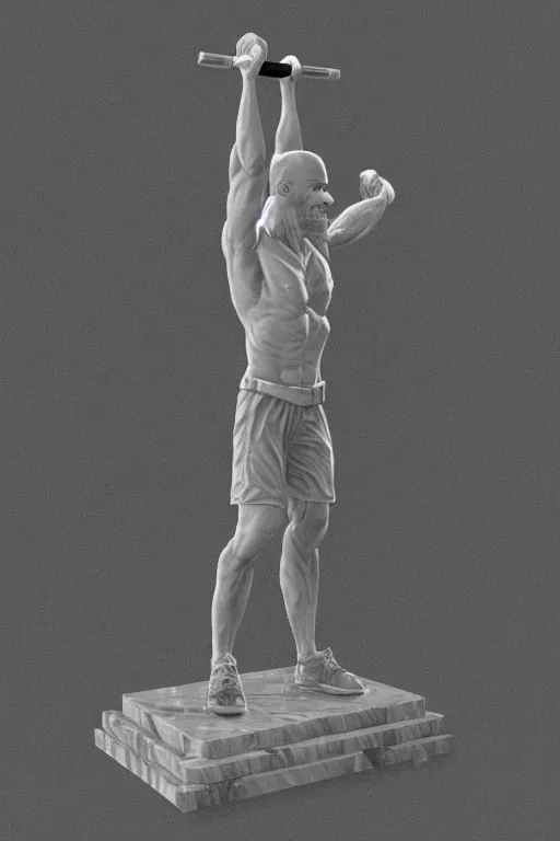 Image similar to the statue in marble of a crossfitter with a mustache holding a dumbell, mattepainting, global illumination, concept Blizzard pixar maya engine on stylized background