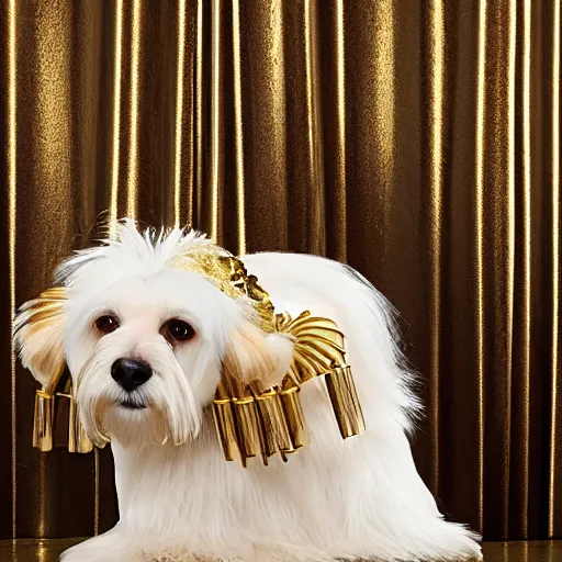 Prompt: a cream - colored havanese dog wearing a slinky metallic dress with ornate midcentury geometric gold headpiece, resting against a small marble pedestal with flowers loosely arranged, sultry look, gold curtain background, magazine photo by david lachapelle