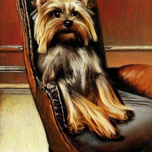 Image similar to an old happy brown and gray Yorkshire terrier dog lounging in a leather chair, long hair, extremely detailed masterpiece, oil on canvas, by Norman Rockwell,