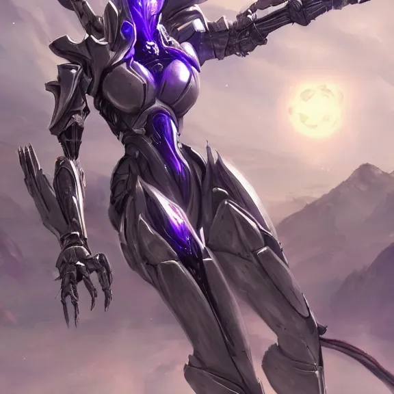 Image similar to extremely detailed ground shot of a giant 1000 meter tall beautiful stunning female warframe goddess, that's a anthropomorphic hot robot mecha female dragon, silver sharp streamlined armor, detailed head, sharp claws, glowing Purple LED eyes, sitting cutely on a mountain, behind a tiny village, dragon art, warframe fanart, Destiny fanart, micro art, macro art, giantess art, furry art, furaffinity, high quality 3D realism, DeviantArt, Eka's Portal, HD